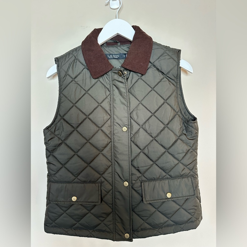 Lauren Ralph Lauren Quilted Olive Green Vest with Brown Collar